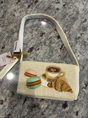 Beaded Cream Shoulder Bag with Coffee & Macaron Embroidery